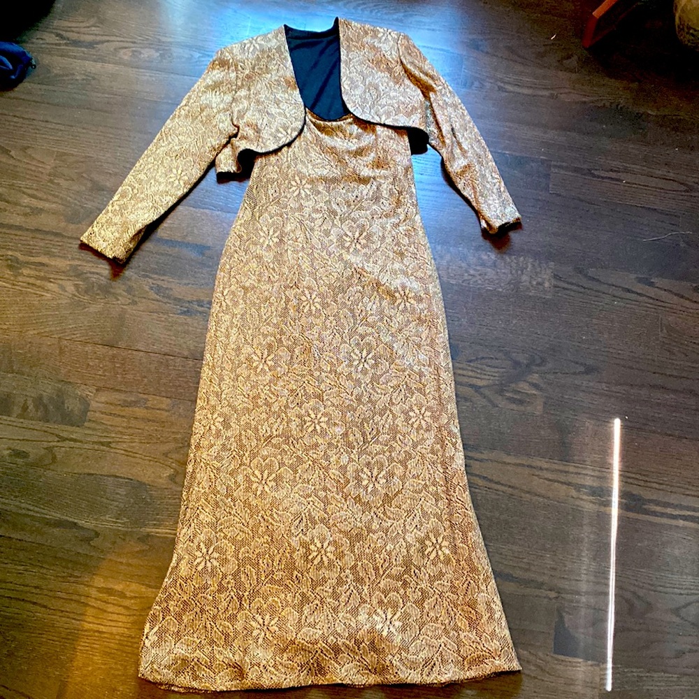 Gold woven and lined tank dress with matching jacket